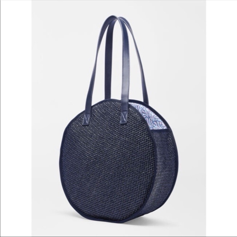 Peter Millar Navy Woven Raffia Circle Tote Bag NWT